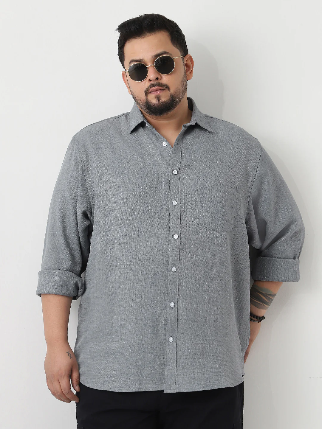 Plus Men's Metallic Blue Linen Blend Full Sleeve Relaxed Fit Casual Solid Shirt - Image 2