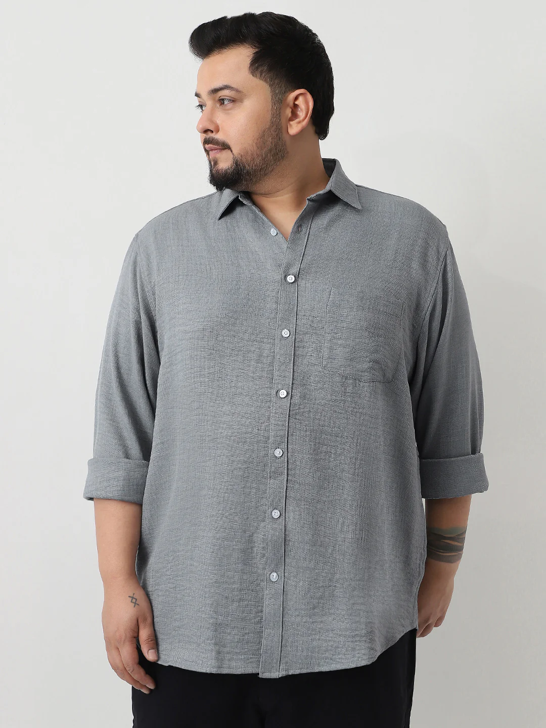 Plus Men's Metallic Blue Linen Blend Full Sleeve Relaxed Fit Casual Solid Shirt - Image 3