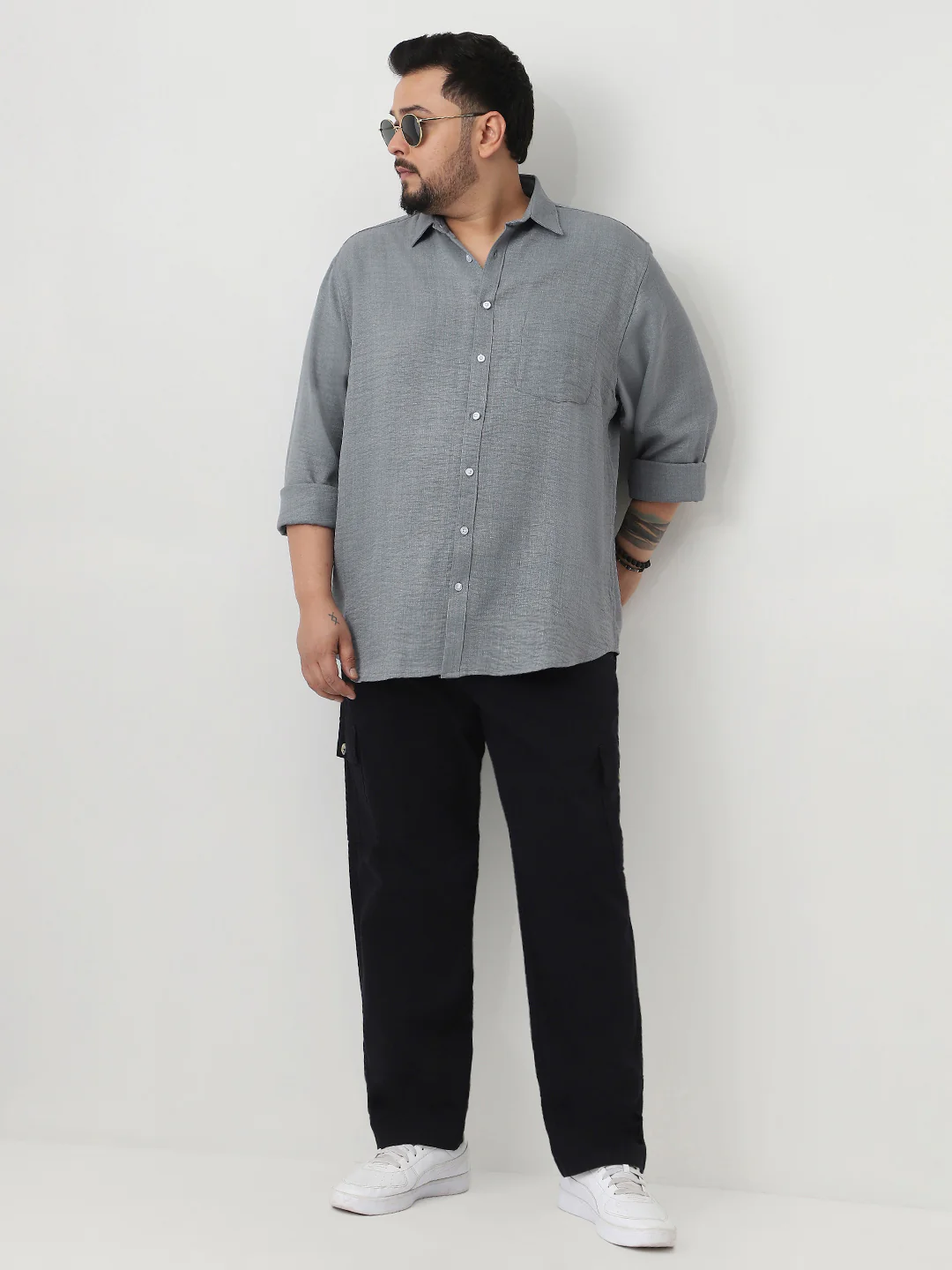 Plus Men's Metallic Blue Linen Blend Full Sleeve Relaxed Fit Casual Solid Shirt - Image 5