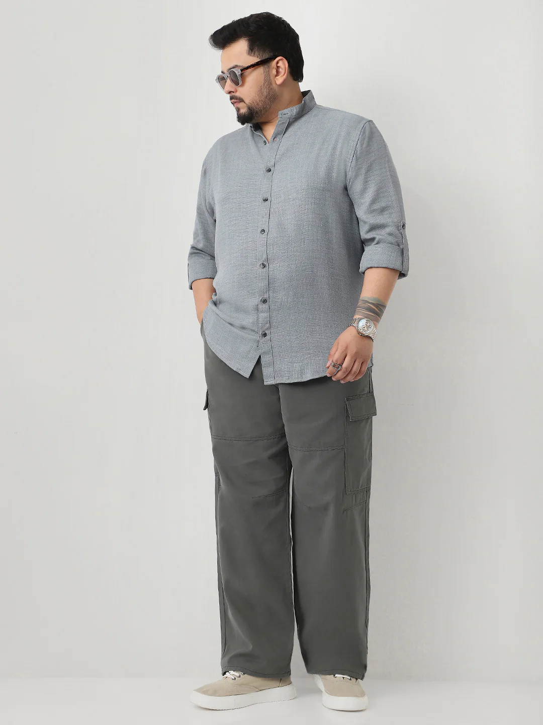 Plus Men's Metallic Blue Linen Blend Full Sleeve Relaxed Fit Mandarin Collar Casual Solid Shirt - Image 4