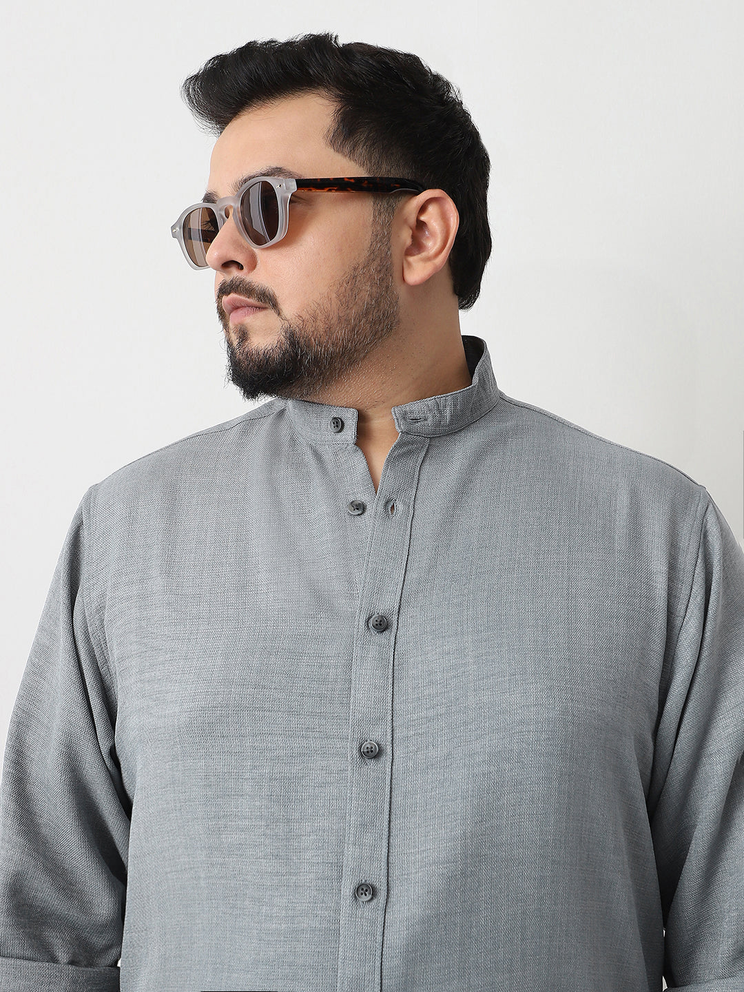 Plus Men's Metallic Blue Linen Blend Full Sleeve Relaxed Fit Mandarin Collar Casual Solid Shirt - Image 5