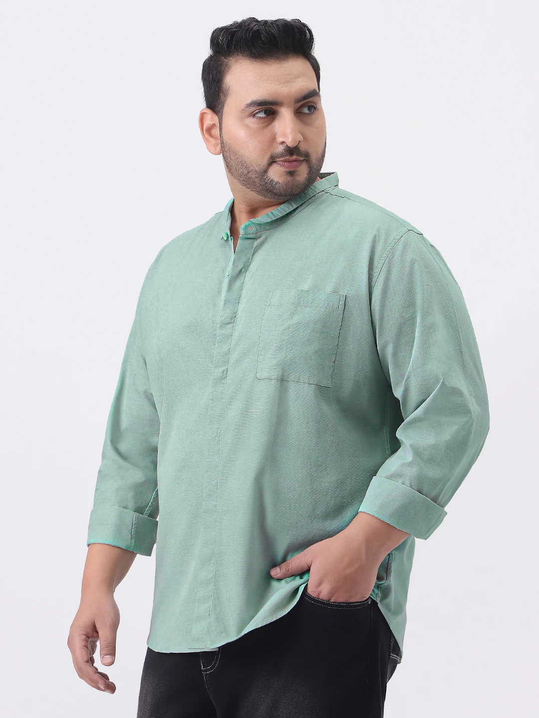 Plus Men's Mint Cotton Full Sleeve Regular Fit Casual Solid Shirt with Band Collar - Image 2