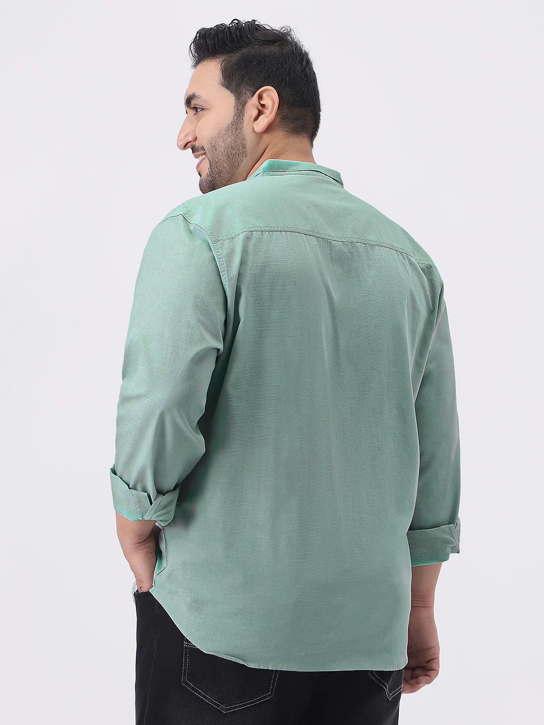 Plus Men's Mint Cotton Full Sleeve Regular Fit Casual Solid Shirt with Band Collar - Image 3