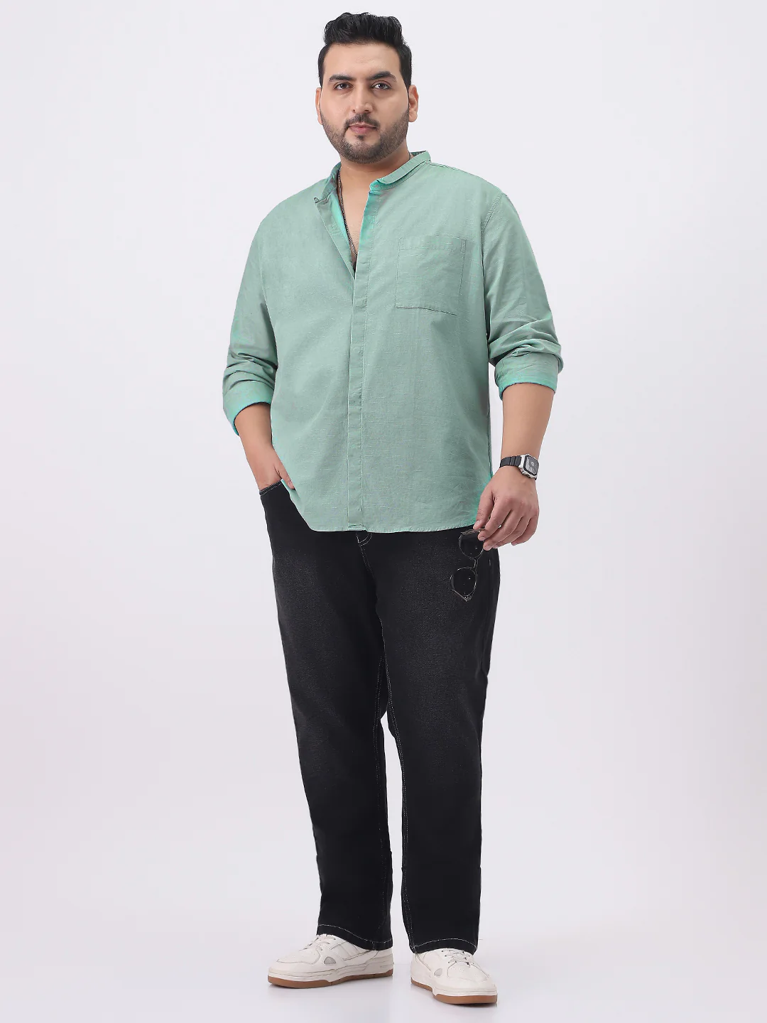 Plus Men's Mint Cotton Full Sleeve Regular Fit Casual Solid Shirt with Band Collar - Image 4