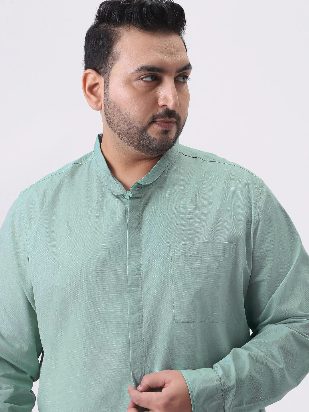 Plus Men's Mint Cotton Full Sleeve Regular Fit Casual Solid Shirt with Band Collar - Image 5