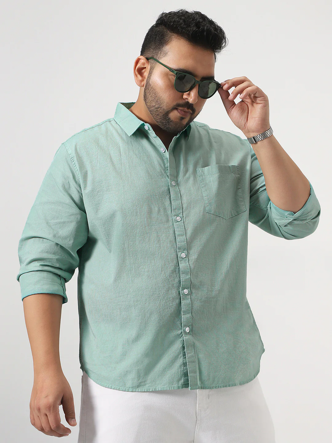 Plus Men's Mint Cotton Full Sleeve Regular Fit Casual Solid Slub Shirt with Spread Collar