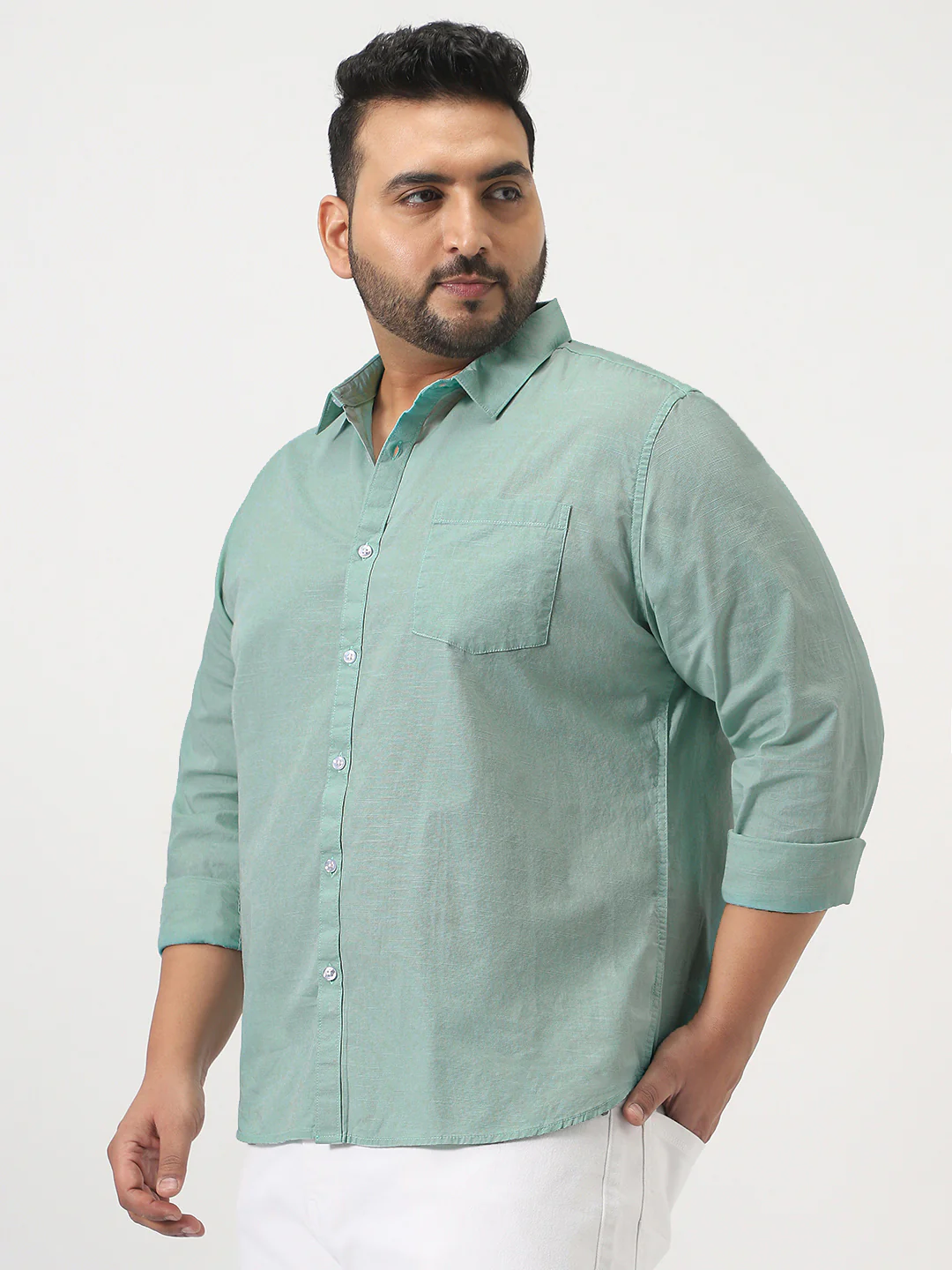 Plus Men's Mint Cotton Full Sleeve Regular Fit Casual Solid Slub Shirt with Spread Collar - Image 2