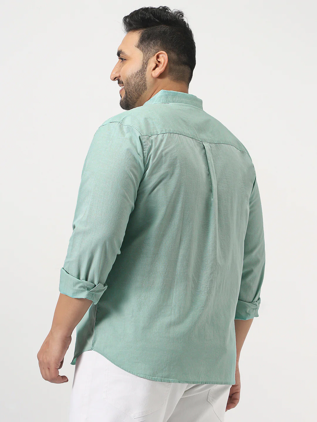 Plus Men's Mint Cotton Full Sleeve Regular Fit Casual Solid Slub Shirt with Spread Collar - Image 3