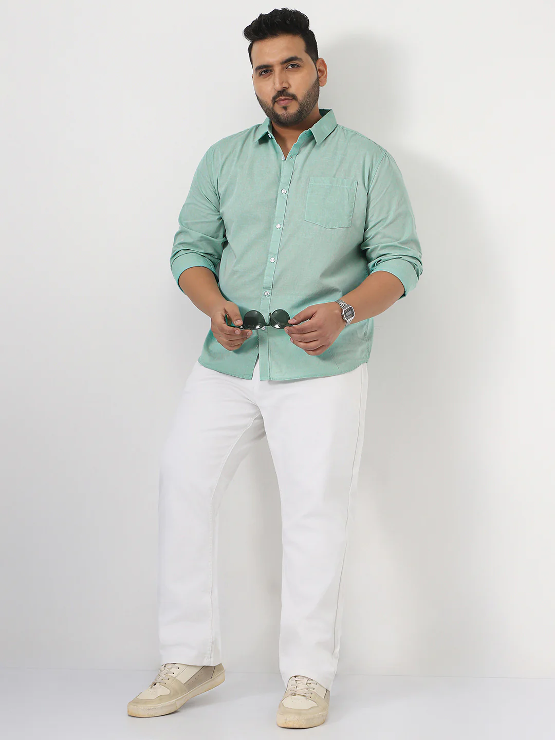 Plus Men's Mint Cotton Full Sleeve Regular Fit Casual Solid Slub Shirt with Spread Collar - Image 4