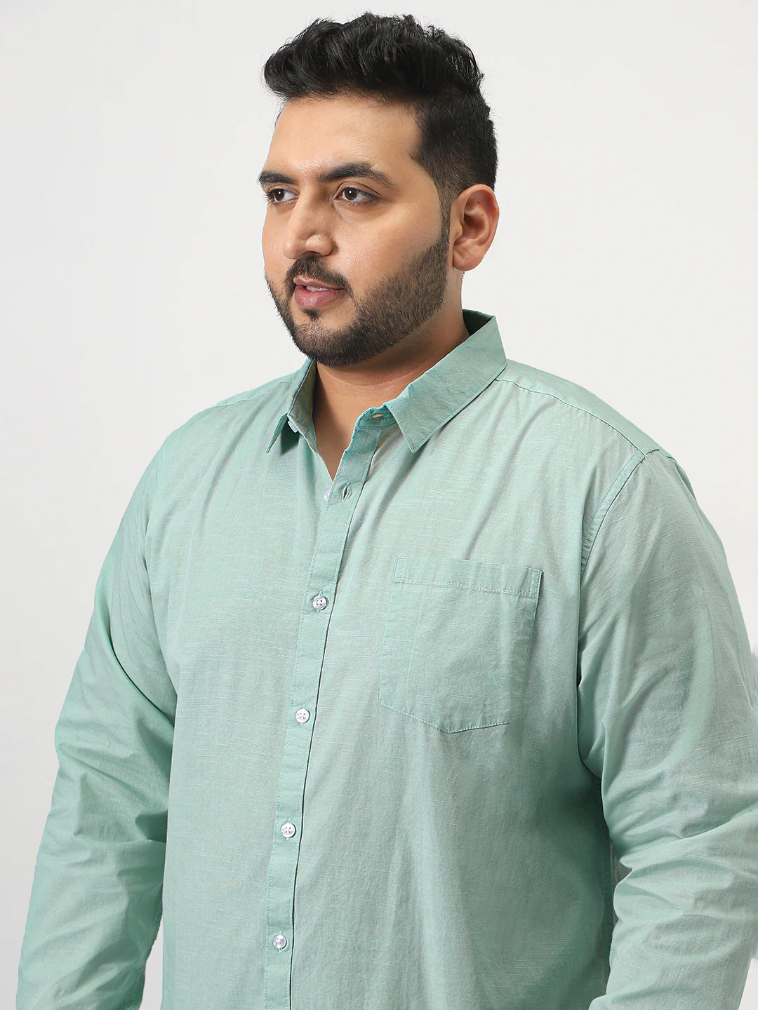 Plus Men's Mint Cotton Full Sleeve Regular Fit Casual Solid Slub Shirt with Spread Collar - Image 5