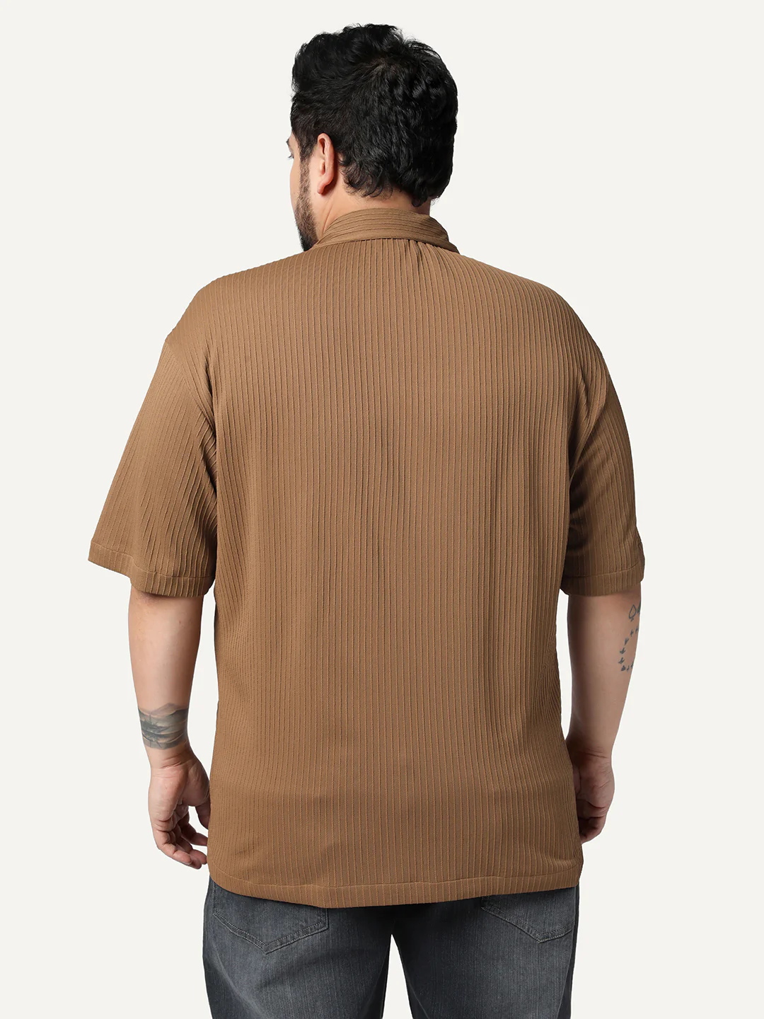 Plus Men's Mocha Cotton Half Sleeve Oversized Fit Textured Shirt with Cuban Collar - Image 3