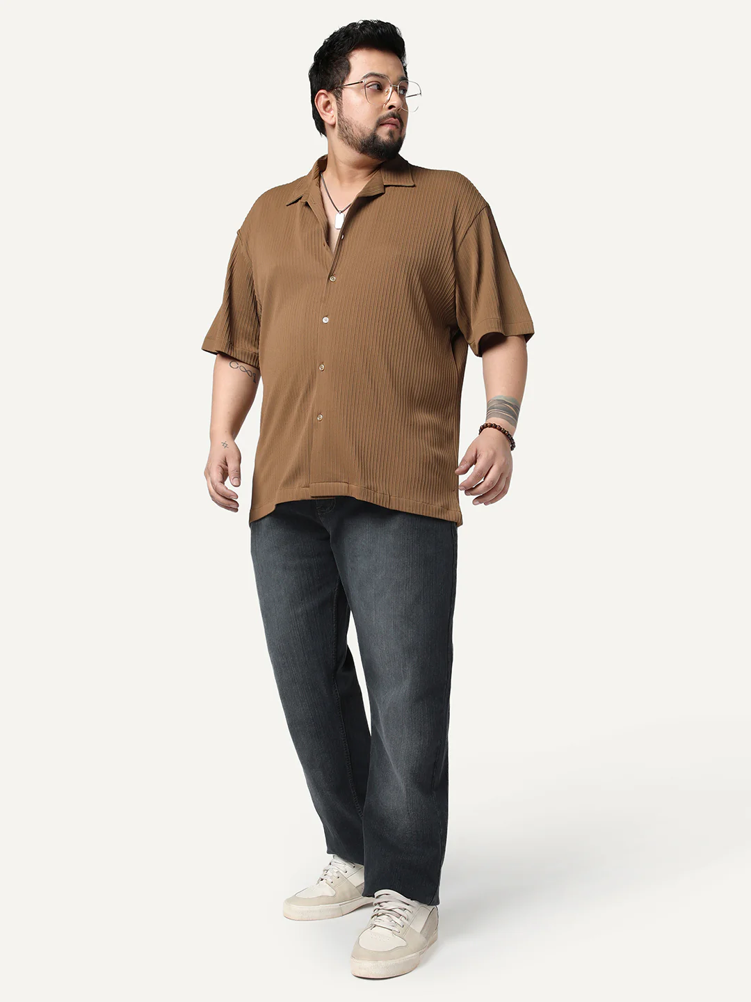 Plus Men's Mocha Cotton Half Sleeve Oversized Fit Textured Shirt with Cuban Collar - Image 4