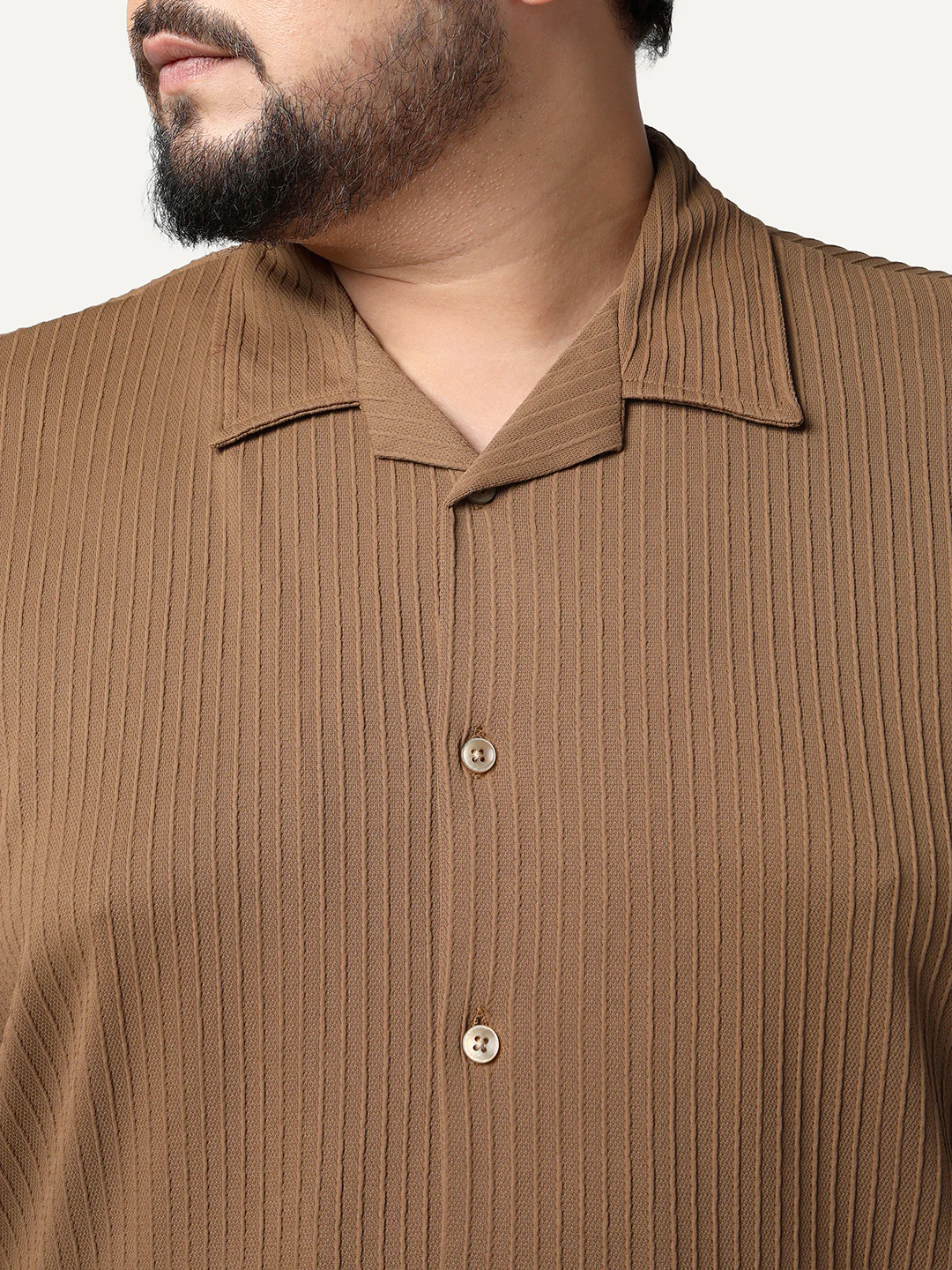 Plus Men's Mocha Cotton Half Sleeve Oversized Fit Textured Shirt with Cuban Collar - Image 5