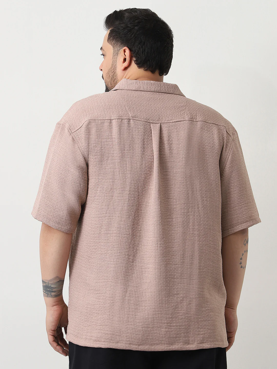 Plus Men's Mocha Mousse Cotton Half Sleeve Oversized Fit Textured Shirt with Cuban Collar - Image 3