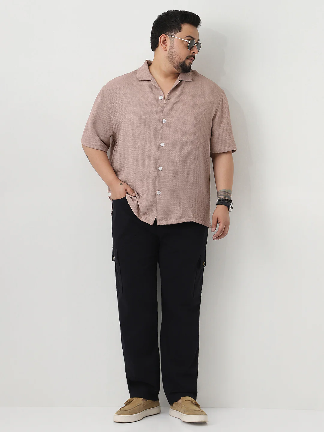 Plus Men's Mocha Mousse Cotton Half Sleeve Oversized Fit Textured Shirt with Cuban Collar - Image 4