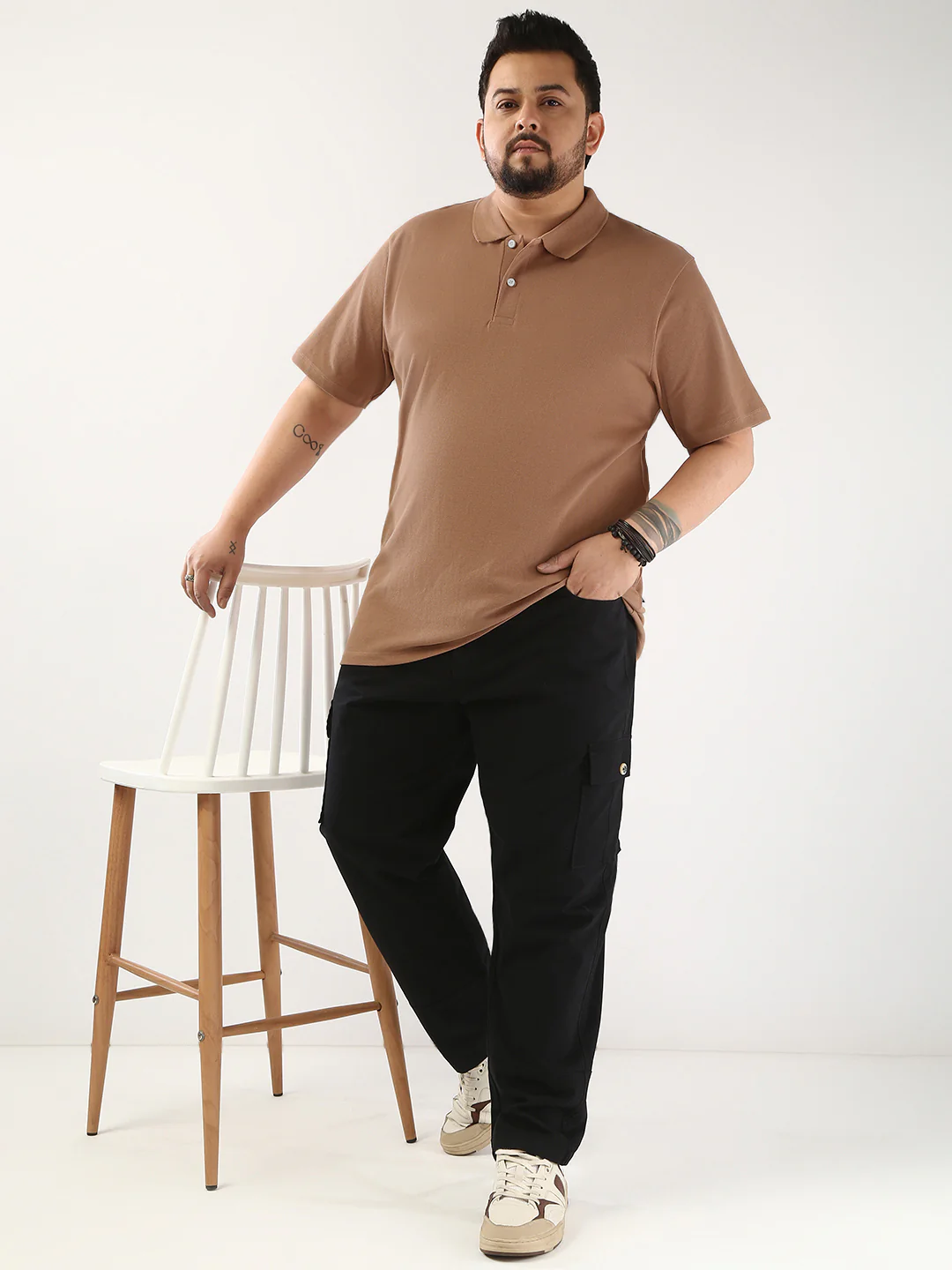 Plus Men's Mocha Mousse Solid Regular Fit Half Sleeve Cotton Polo T-Shirt - Image 4
