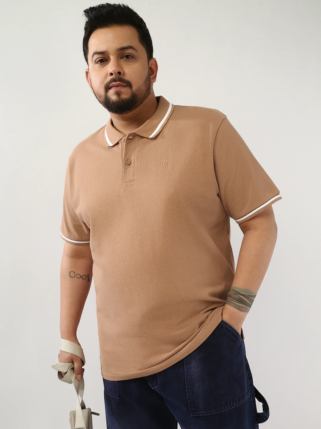 Plus Men's Mocha Mousse Solid Regular Fit Half Sleeve Cotton Polo T-Shirt