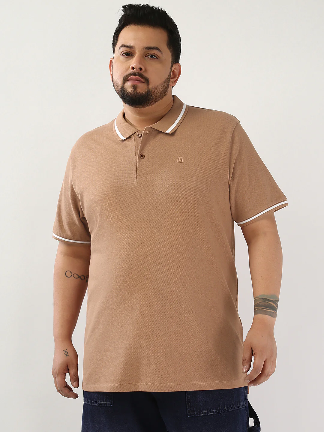 Plus Men's Mocha Mousse Solid Regular Fit Half Sleeve Cotton Polo T-Shirt - Image 2