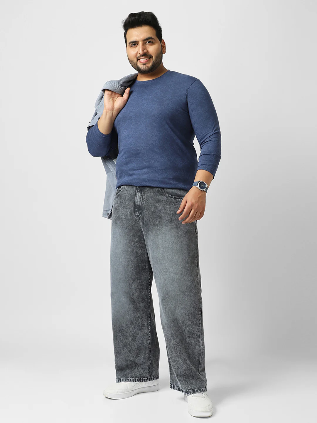 Plus Men's Mood Indigo Printed Full Sleeve Regular Fit Cotton T-Shirt - Image 4