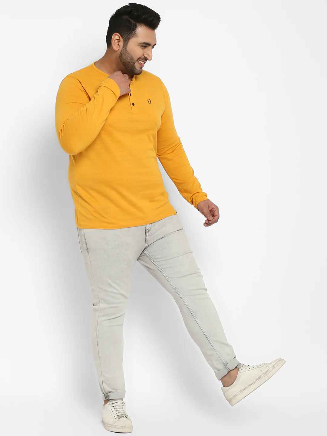 Plus Men's Mustard Melange Solid Henley Neck Regular Fit Full Sleeve Cotton T-Shirt - Image 2