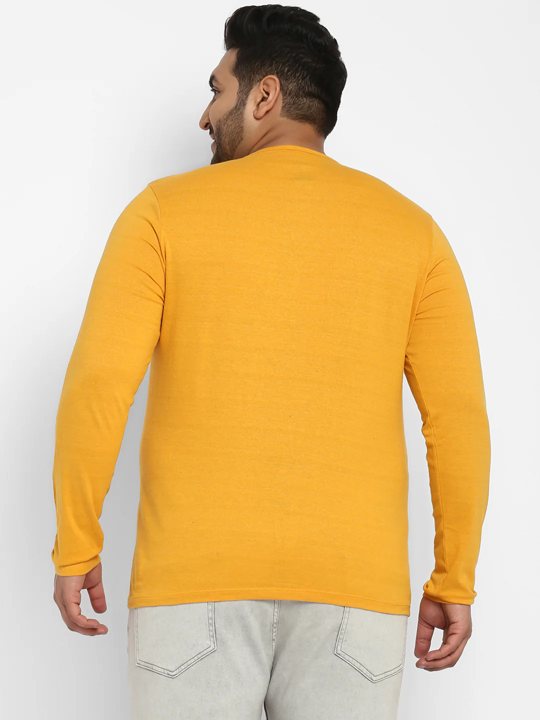 Plus Men's Mustard Melange Solid Henley Neck Regular Fit Full Sleeve Cotton T-Shirt - Image 3