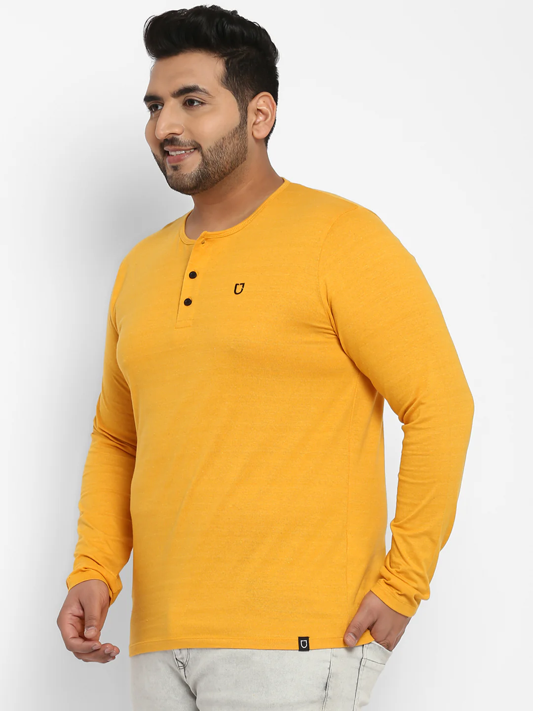 Plus Men's Mustard Melange Solid Henley Neck Regular Fit Full Sleeve Cotton T-Shirt - Image 4