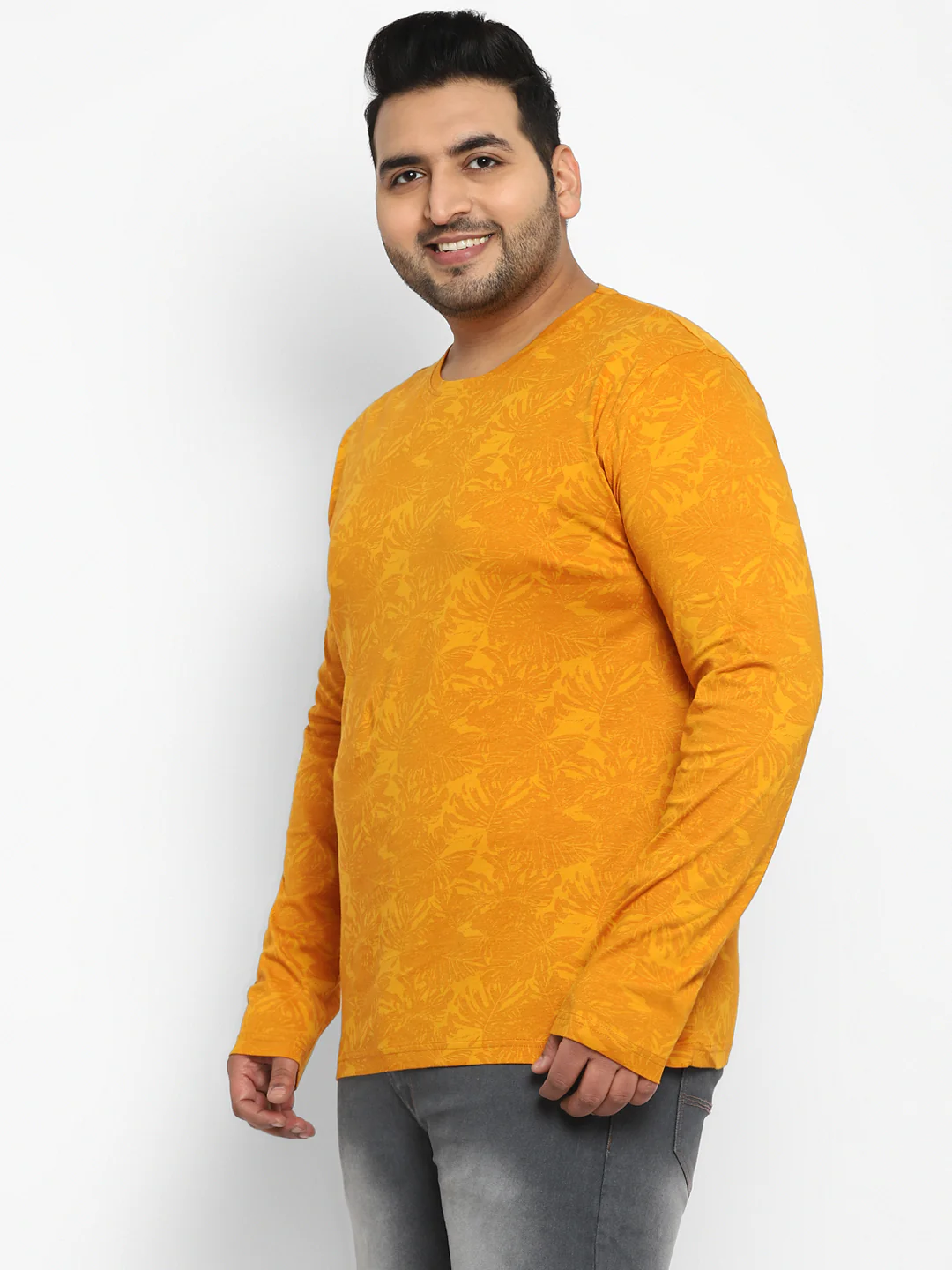Plus Men's Mustard Printed Full Sleeve Regular Fit Cotton T-Shirt - Image 2