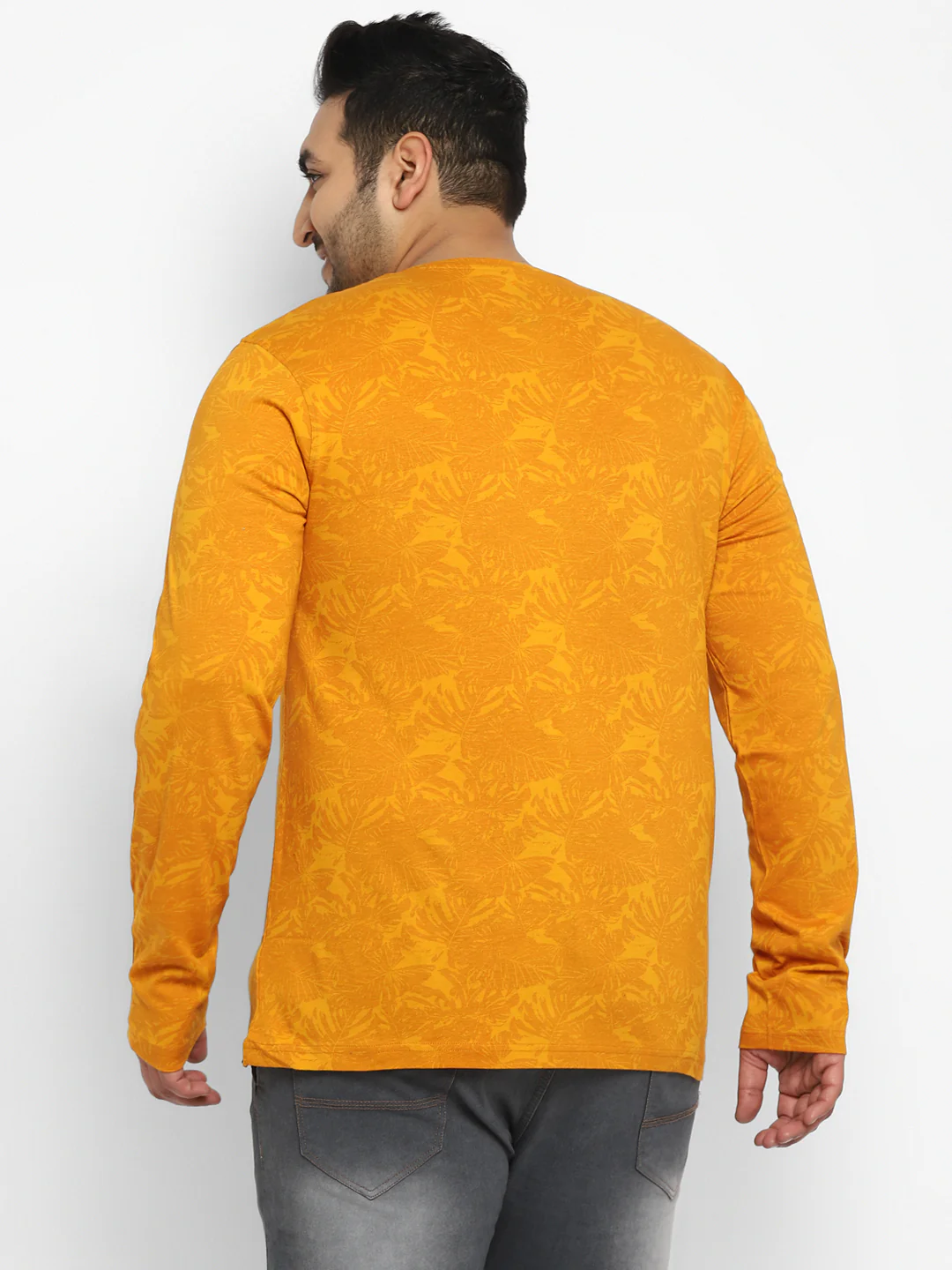 Plus Men's Mustard Printed Full Sleeve Regular Fit Cotton T-Shirt - Image 3