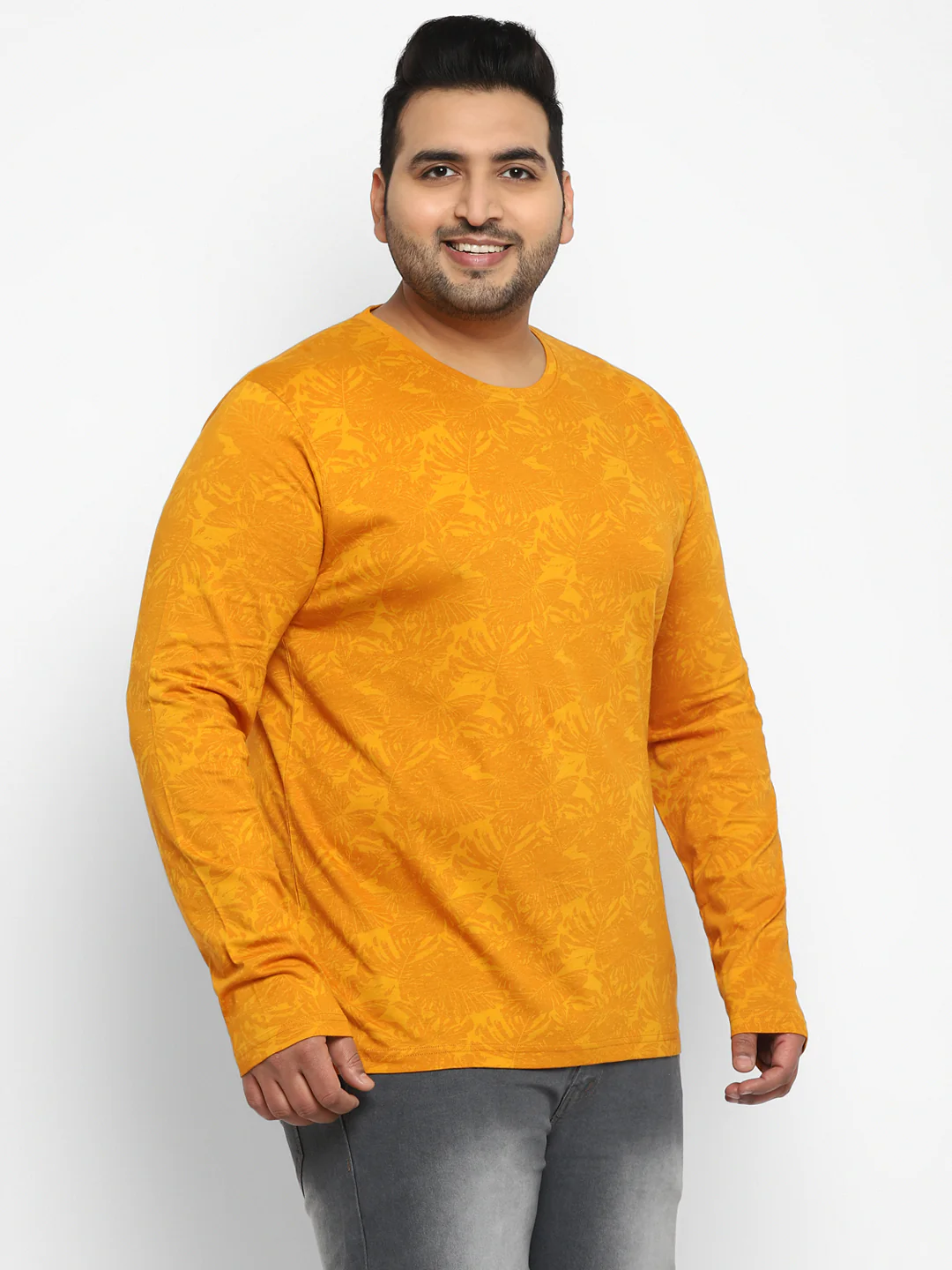 Plus Men's Mustard Printed Full Sleeve Regular Fit Cotton T-Shirt - Image 4
