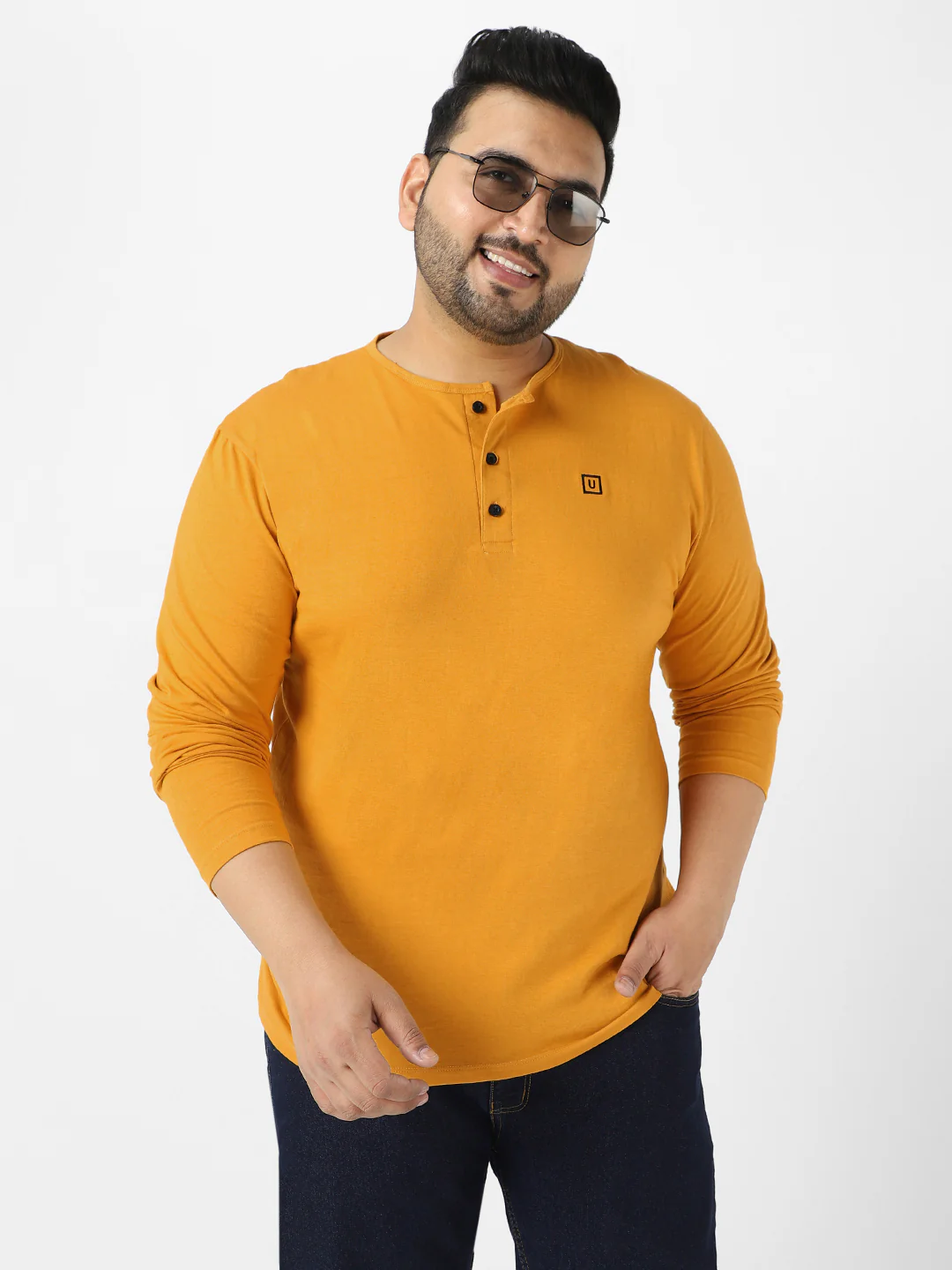 Plus Men's Mustard Solid Henley Neck Regular Fit Full Sleeve Cotton T-Shirt - Image 2