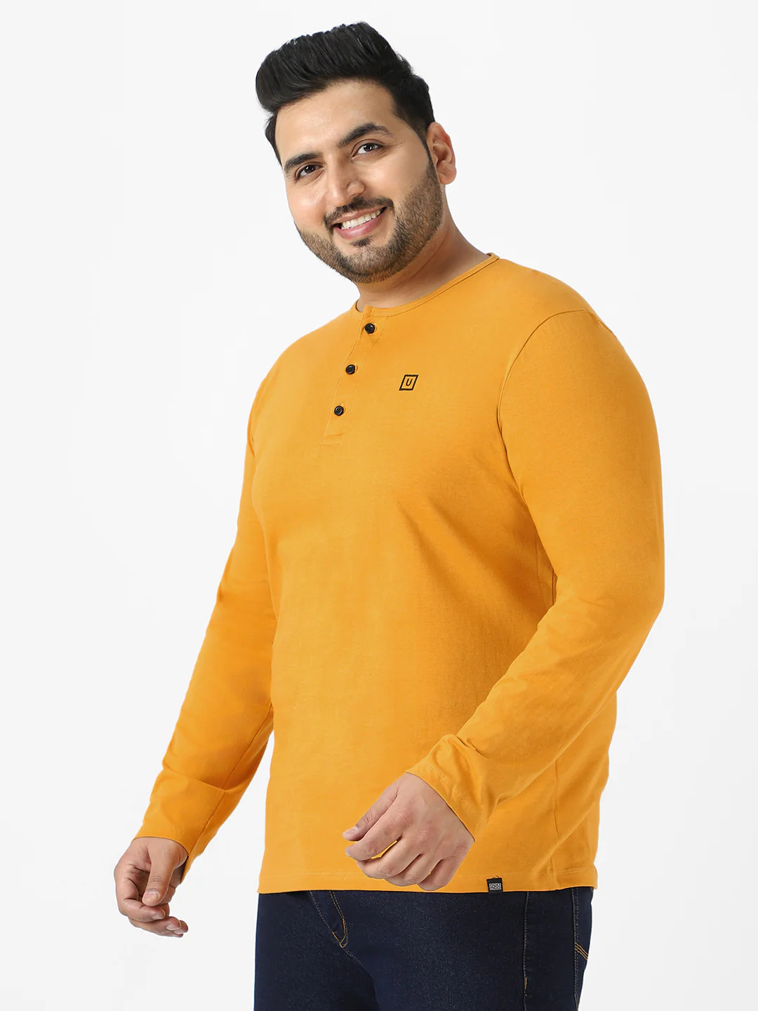 Plus Men's Mustard Solid Henley Neck Regular Fit Full Sleeve Cotton T-Shirt - Image 3
