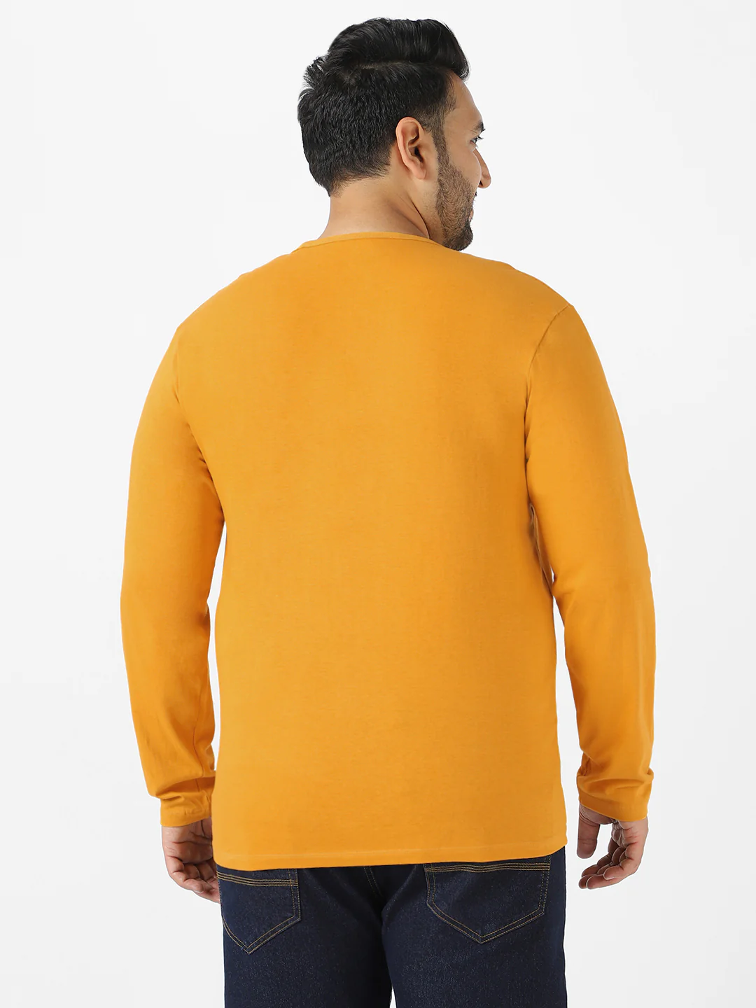 Plus Men's Mustard Solid Henley Neck Regular Fit Full Sleeve Cotton T-Shirt - Image 4