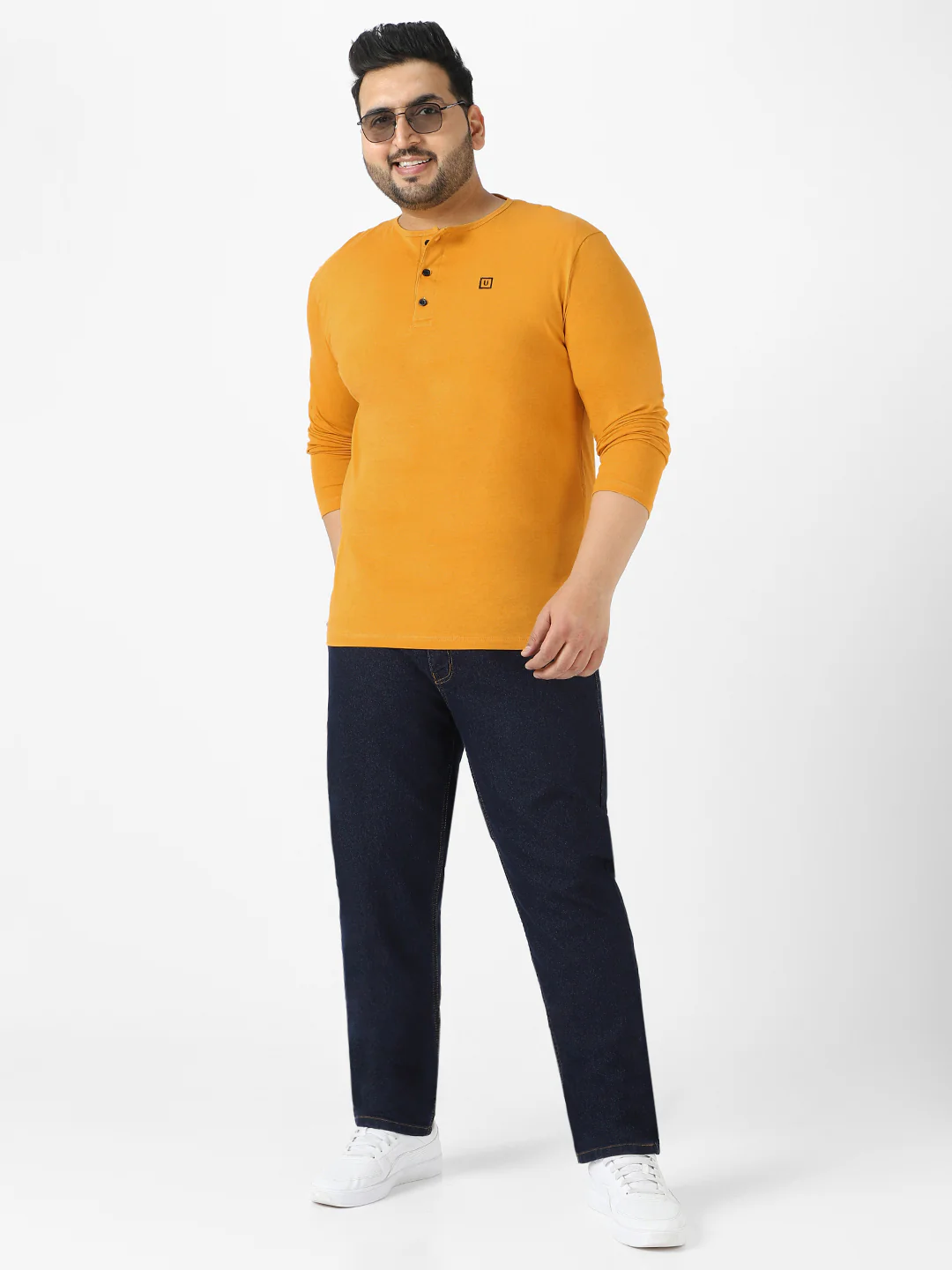 Plus Men's Mustard Solid Henley Neck Regular Fit Full Sleeve Cotton T-Shirt - Image 5