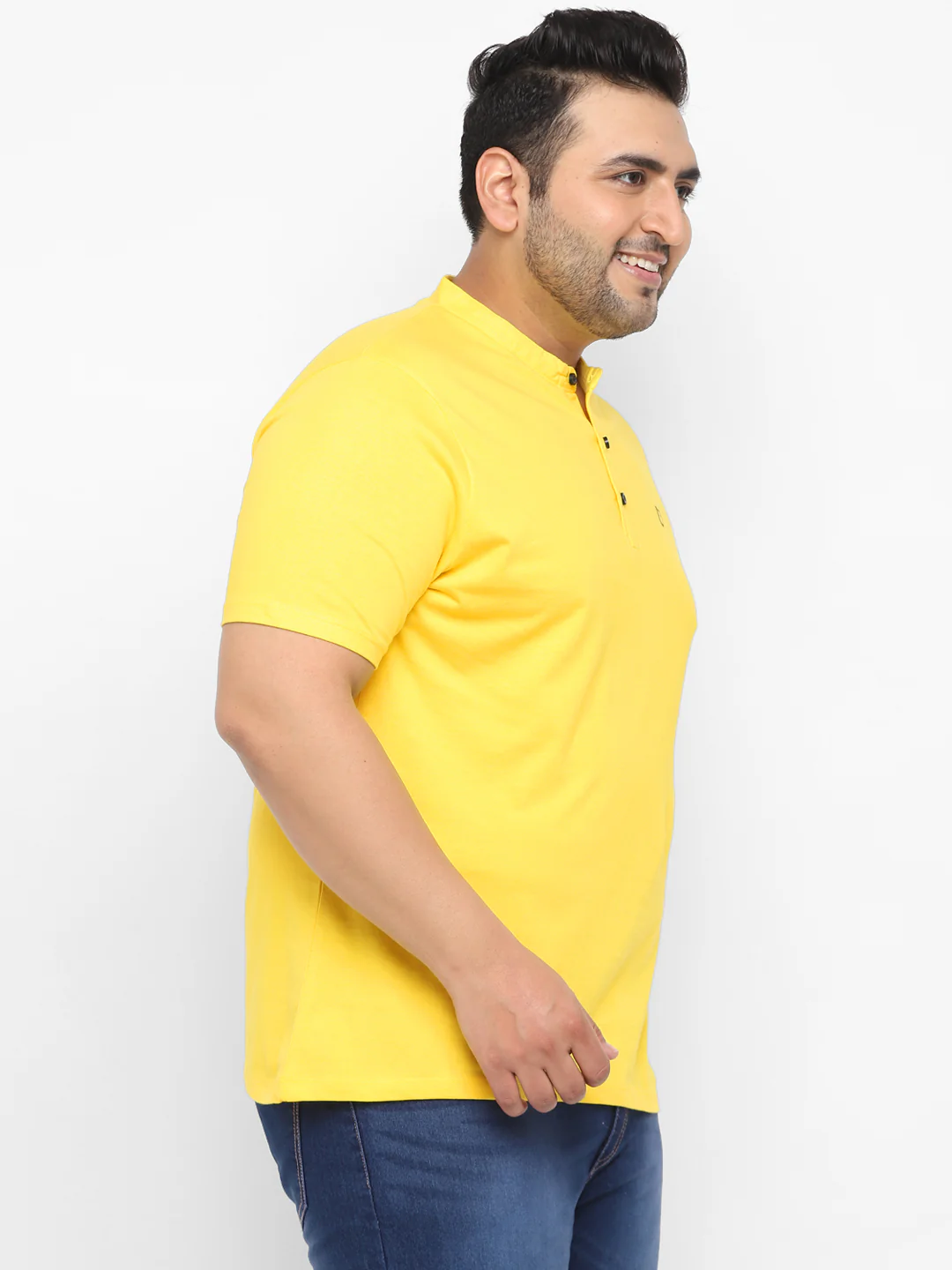 Plus Men's Mustard Solid Mandarin Collar Regular Fit Cotton T-Shirt - Image 3
