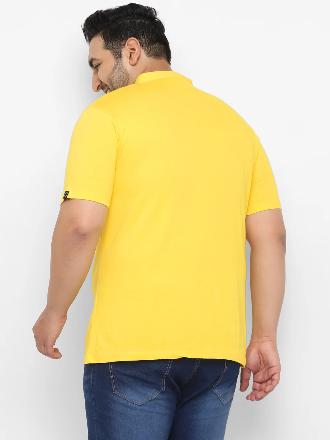 Plus Men's Mustard Solid Mandarin Collar Regular Fit Cotton T-Shirt - Image 4
