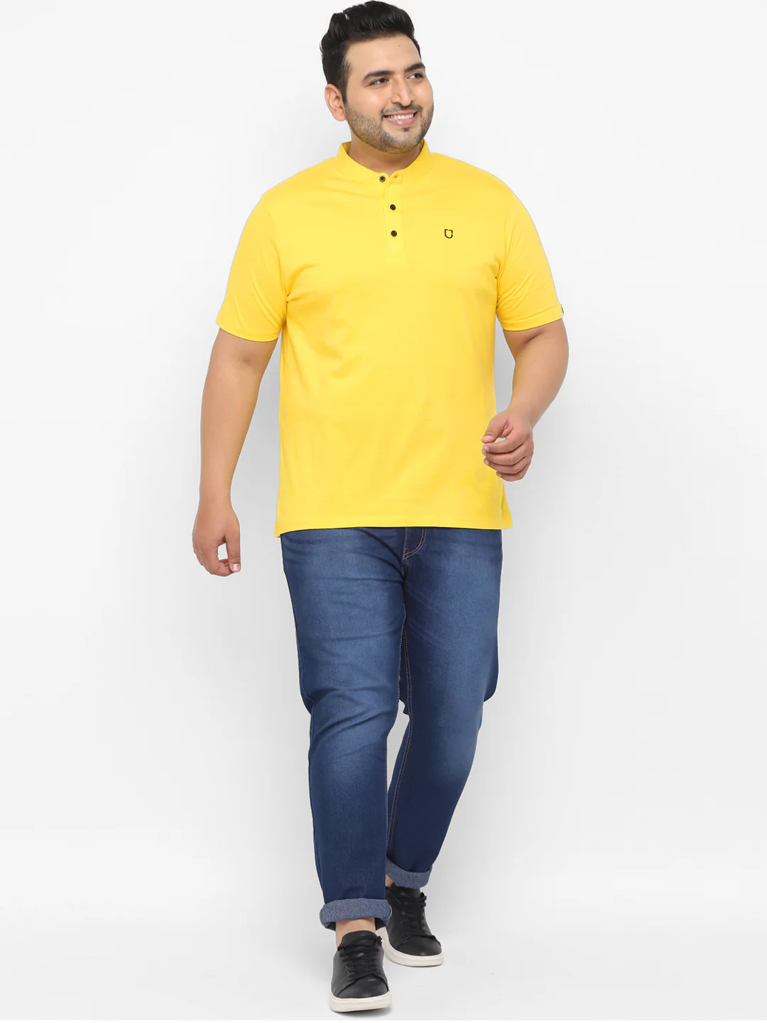 Plus Men's Mustard Solid Mandarin Collar Regular Fit Cotton T-Shirt - Image 5