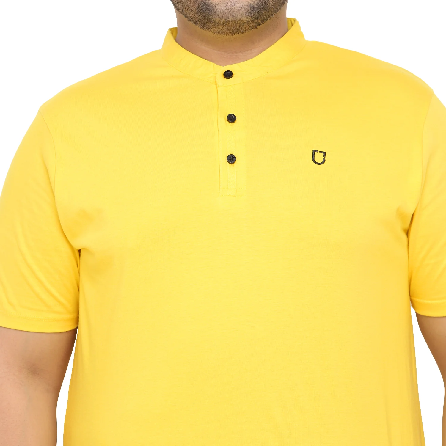 Plus Men's Mustard Solid Mandarin Collar Regular Fit Cotton T-Shirt - Image 6
