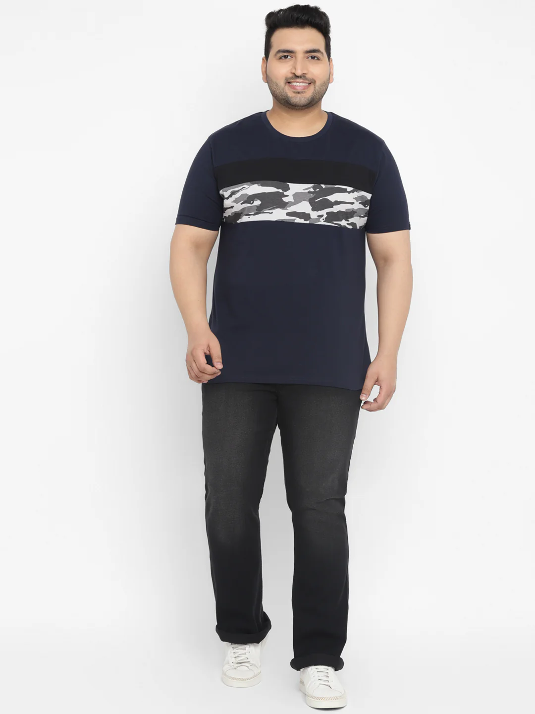Plus Men's Navy Blue, Black Color-Block Military Camouflage Printed Half Sleeve Regular Fit Cotton T-Shirt - Image 4