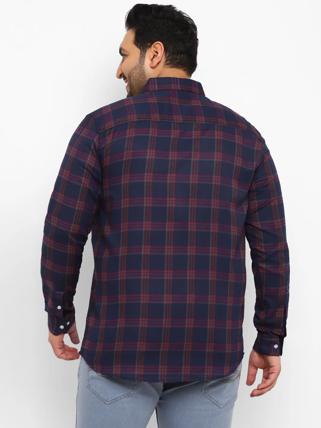 Plus Men's Navy Blue Cotton Full Sleeve Regular Fit Casual Checkered Shirt - Image 3