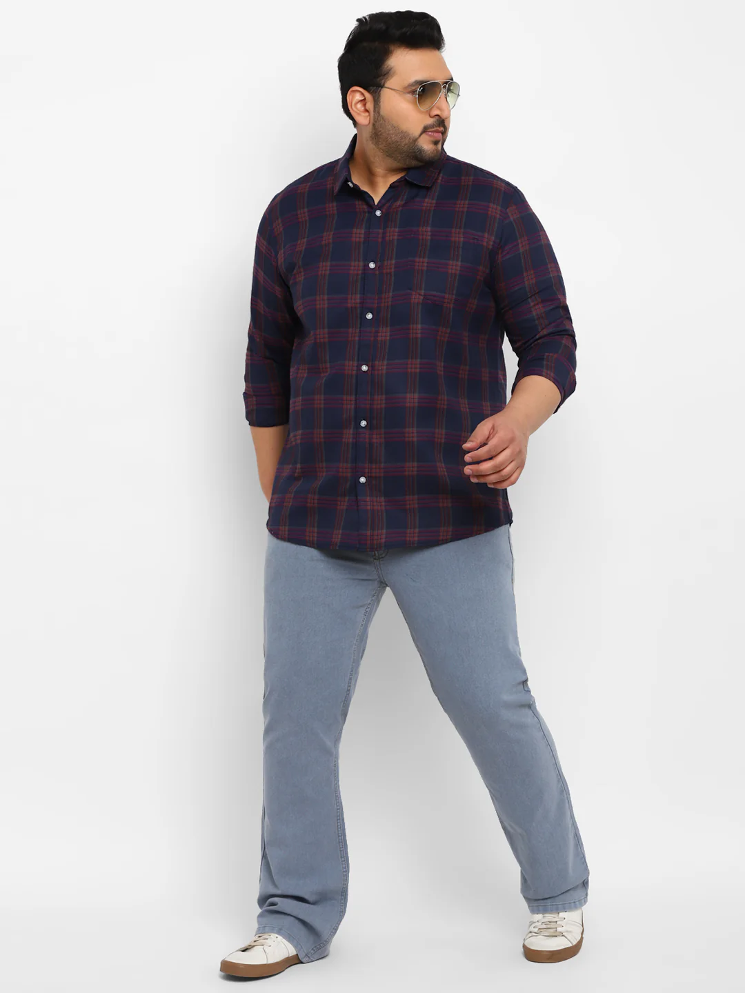 Plus Men's Navy Blue Cotton Full Sleeve Regular Fit Casual Checkered Shirt - Image 4