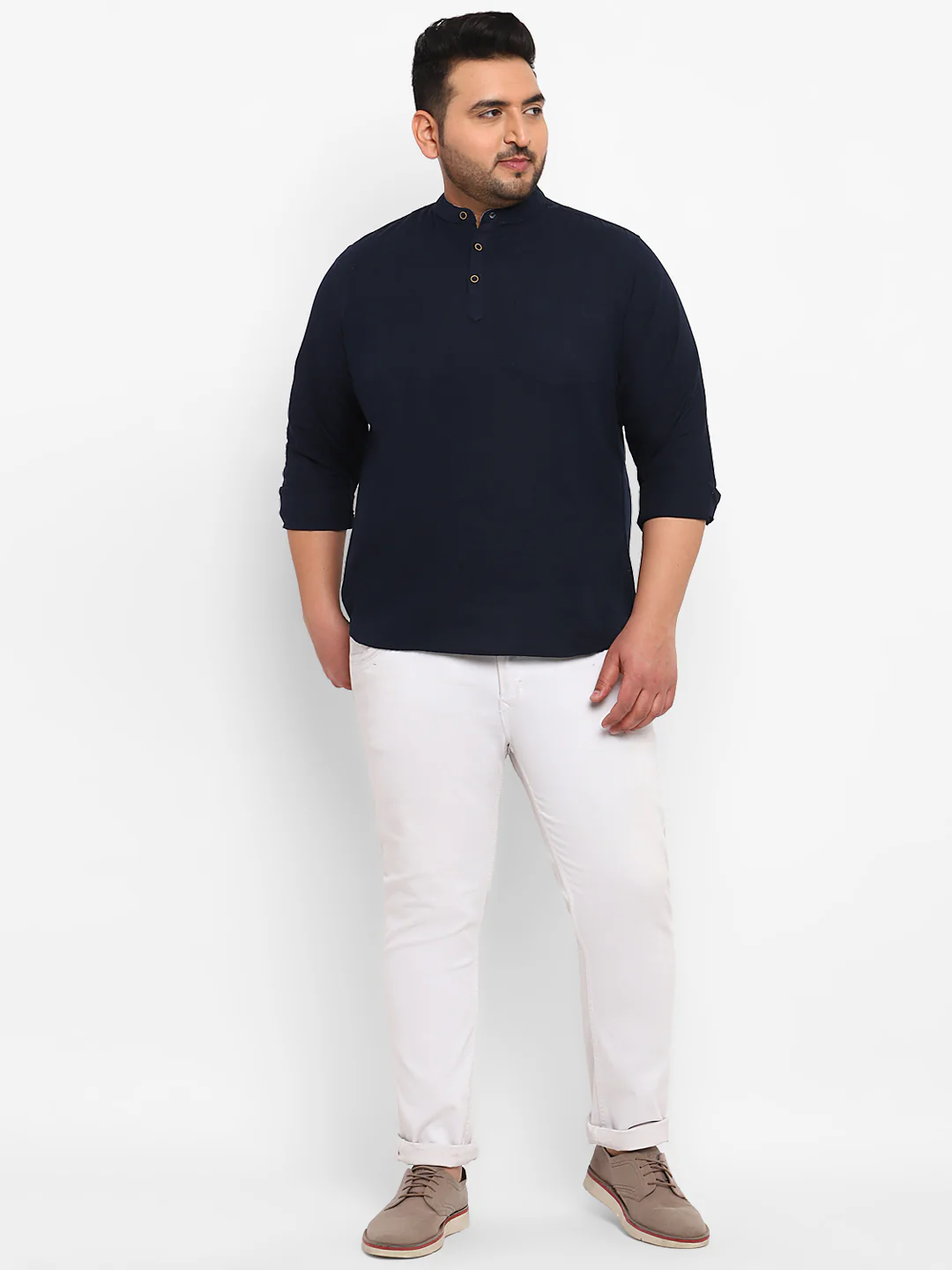 Plus Men's Navy Blue Cotton Full Sleeve Regular Fit Casual Solid Shirt - Image 4