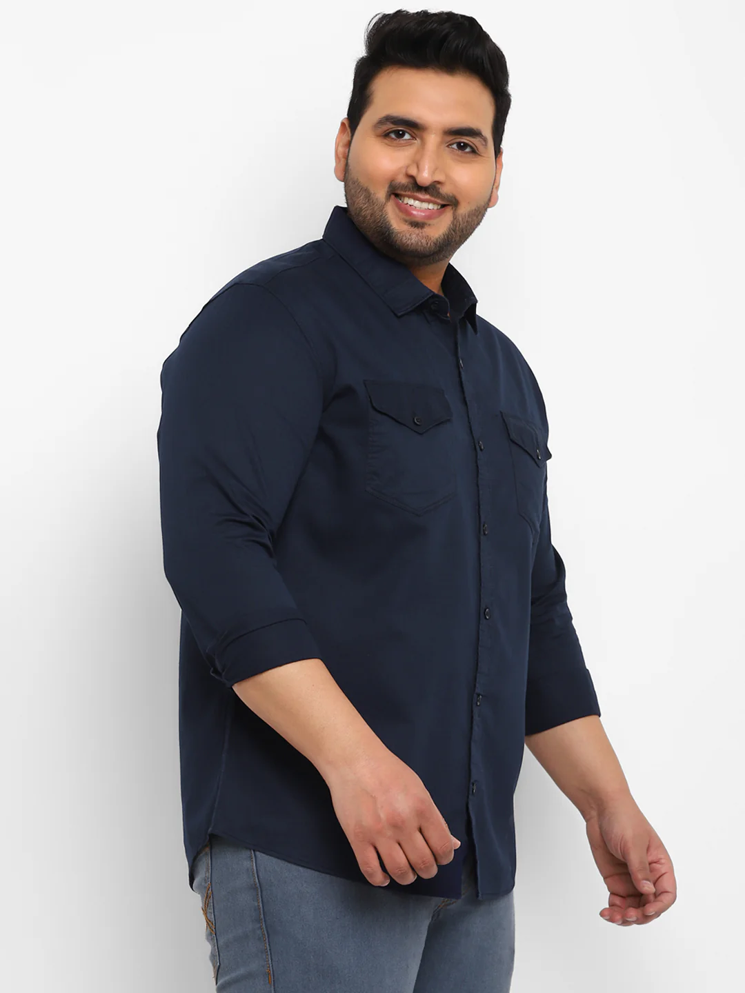 Plus Men's Navy Blue Cotton Full Sleeve Regular Fit Casual Solid Shirt - Image 2