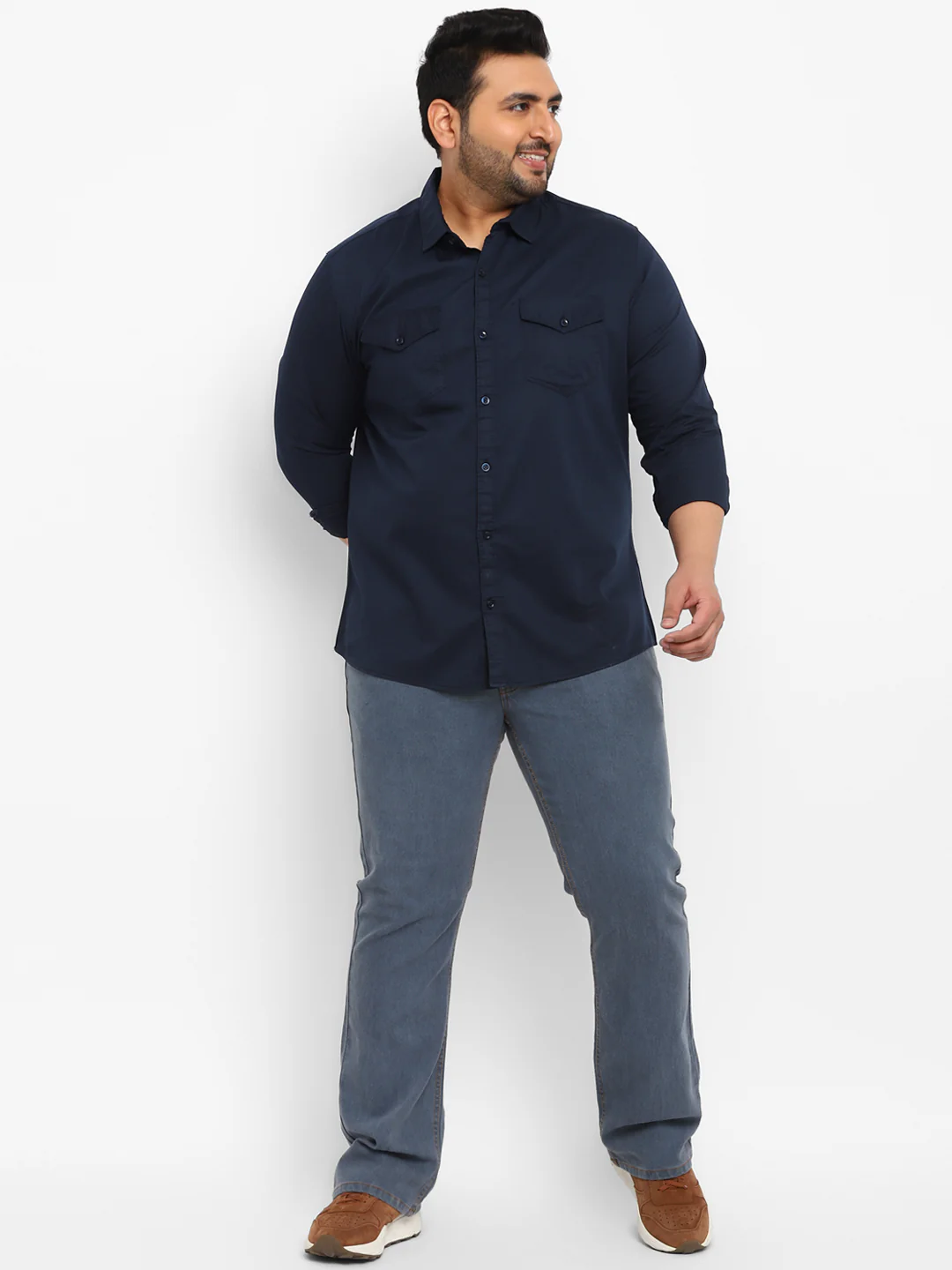 Plus Men's Navy Blue Cotton Full Sleeve Regular Fit Casual Solid Shirt - Image 4