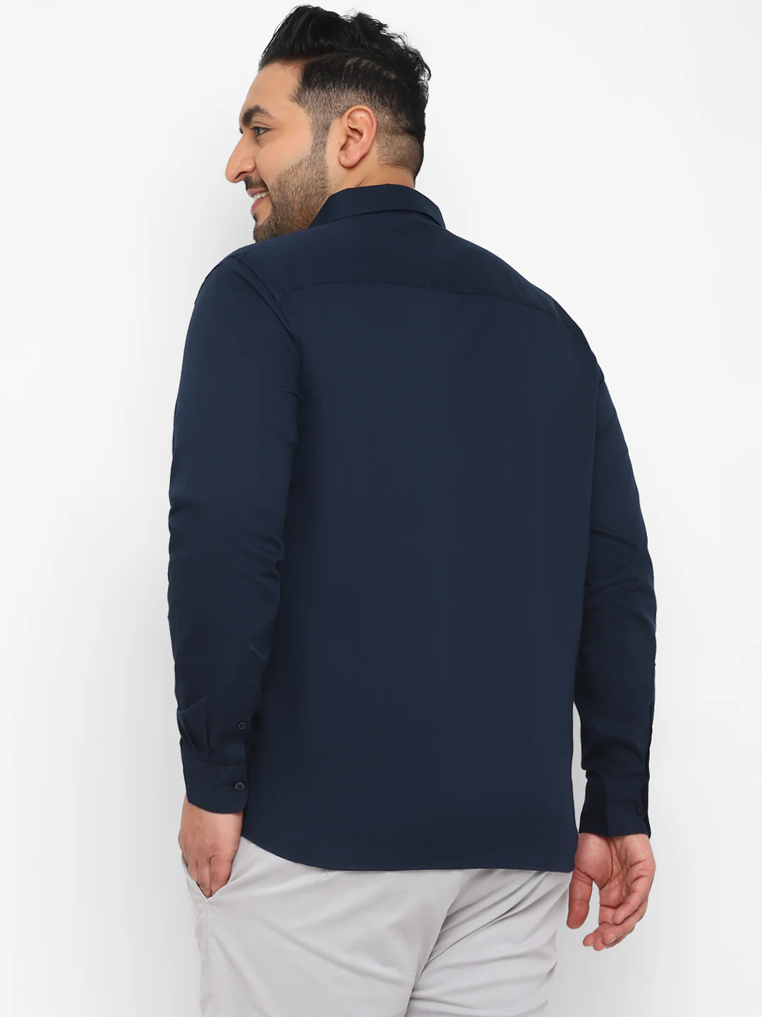 Plus Men's Navy Blue Cotton Full Sleeve Regular Fit Casual Solid Shirt - Image 3