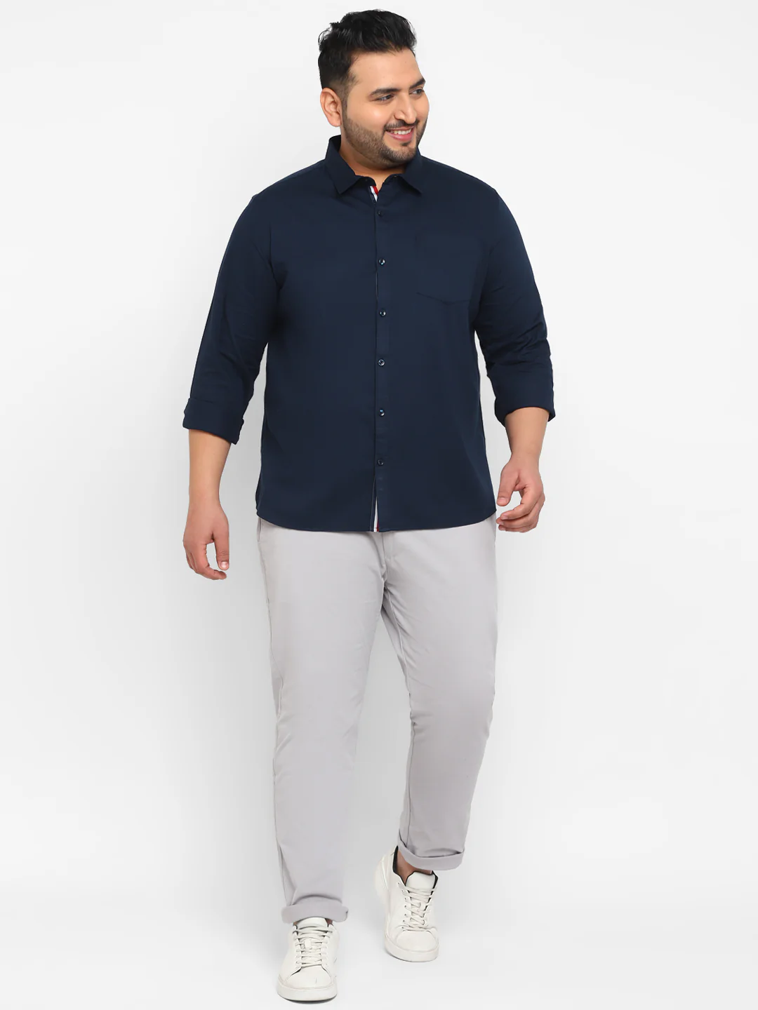 Plus Men's Navy Blue Cotton Full Sleeve Regular Fit Casual Solid Shirt - Image 4