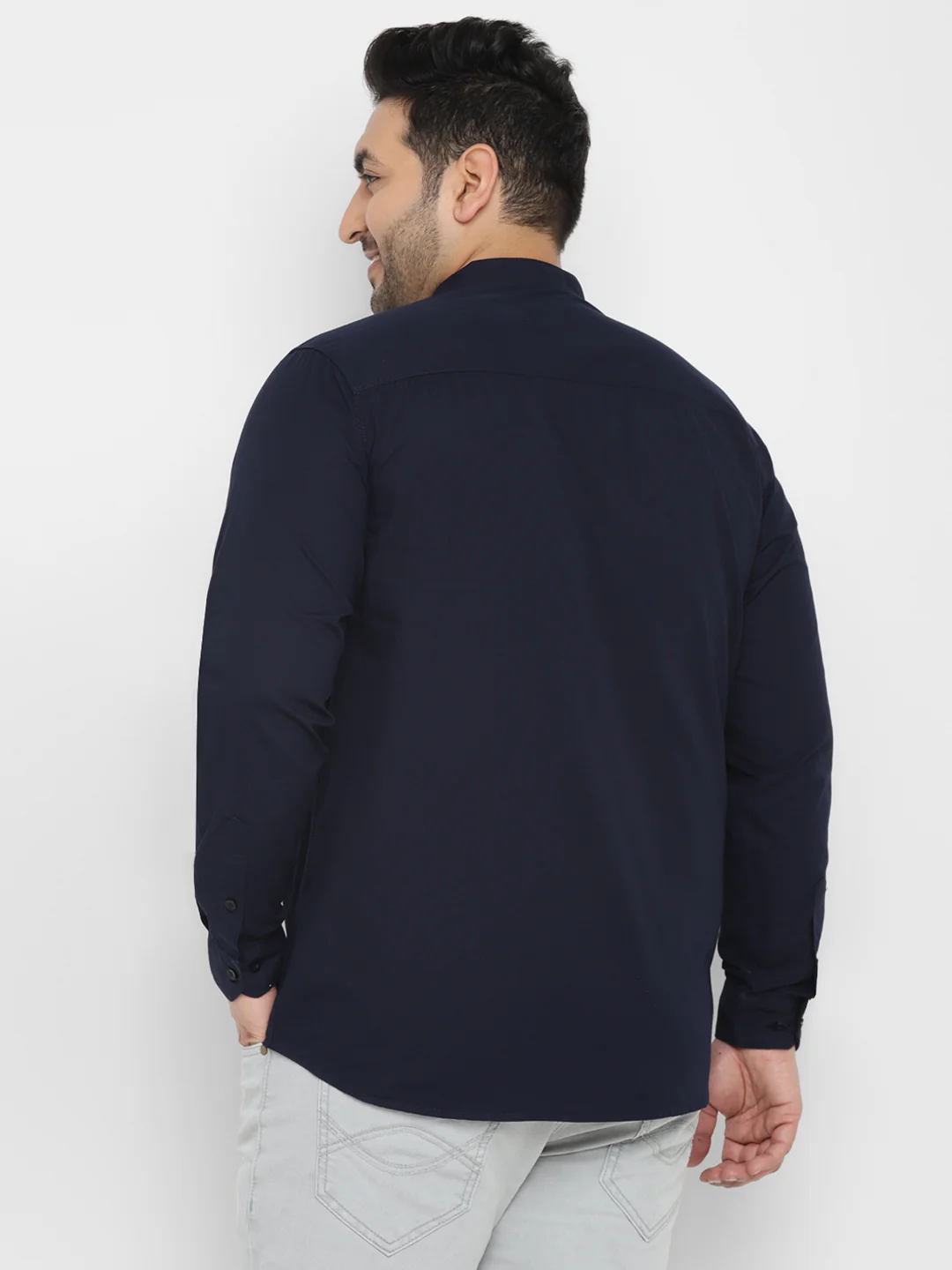 Plus Men's Navy Blue Cotton Full Sleeve Regular Fit Casual Solid Shirt with Mandarin Collar - Image 3