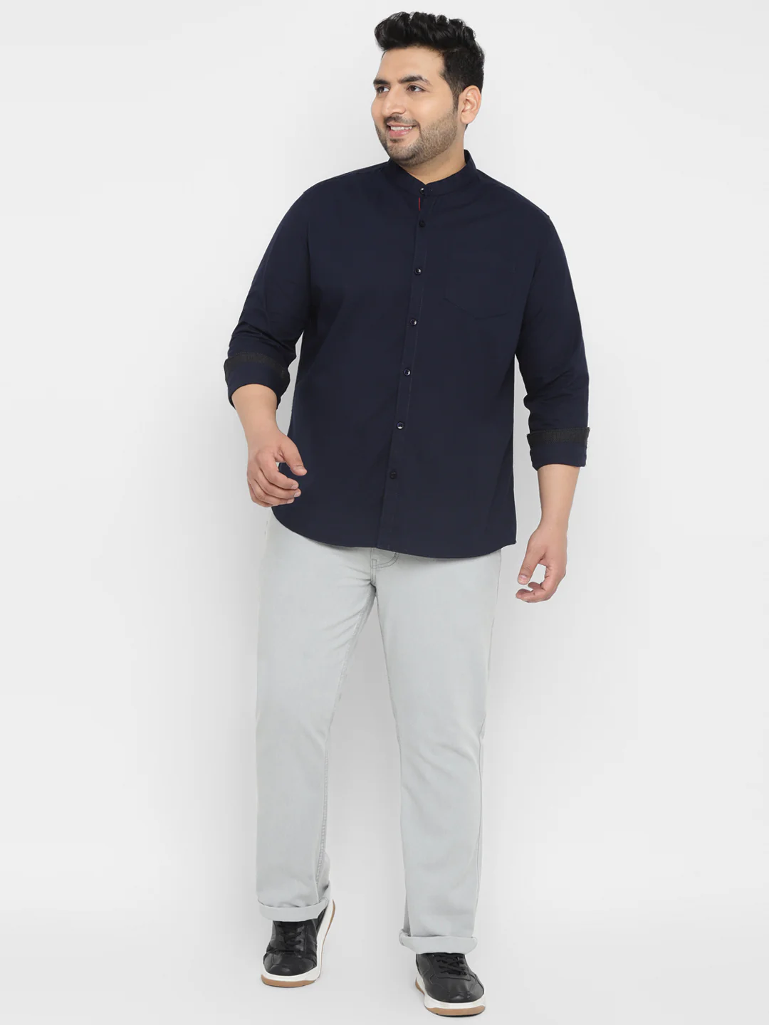 Plus Men's Navy Blue Cotton Full Sleeve Regular Fit Casual Solid Shirt with Mandarin Collar - Image 4