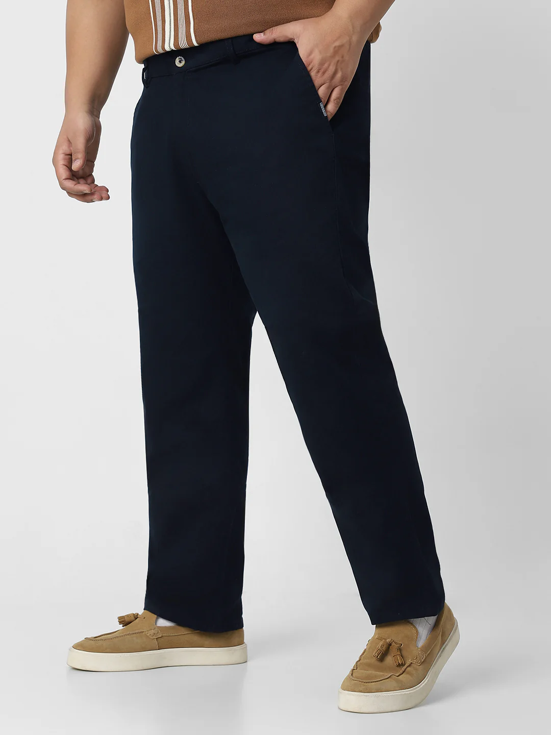 Plus Men's Navy Blue Cotton Regular Fit Casual Chino Pants Stretch - Image 3