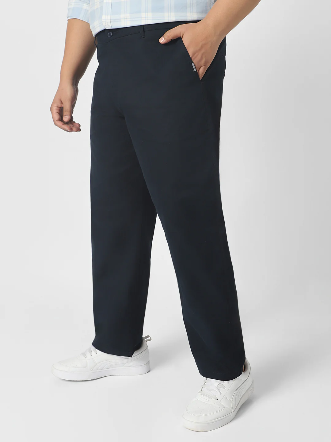 Plus Men's Navy Blue Cotton Regular Fit Casual Chinos Trousers Stretch - Image 2