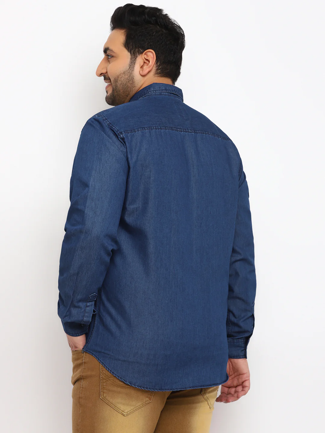 Plus Men's Navy Blue Full Sleeve Regular Fit Casual Denim Shirt - Image 3